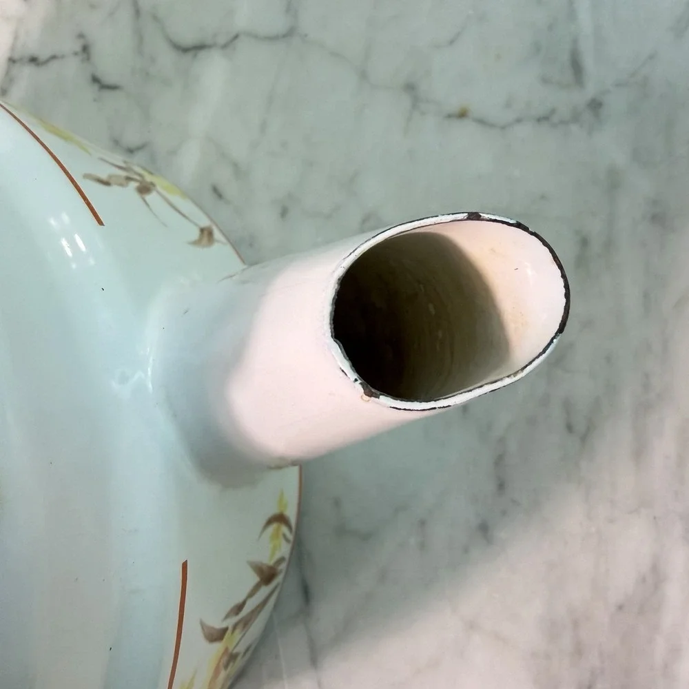 Vtg Gailstyn Sutton Felicity Enamel Tea Kettle Yellow Daffodil Wooden Handle 80s